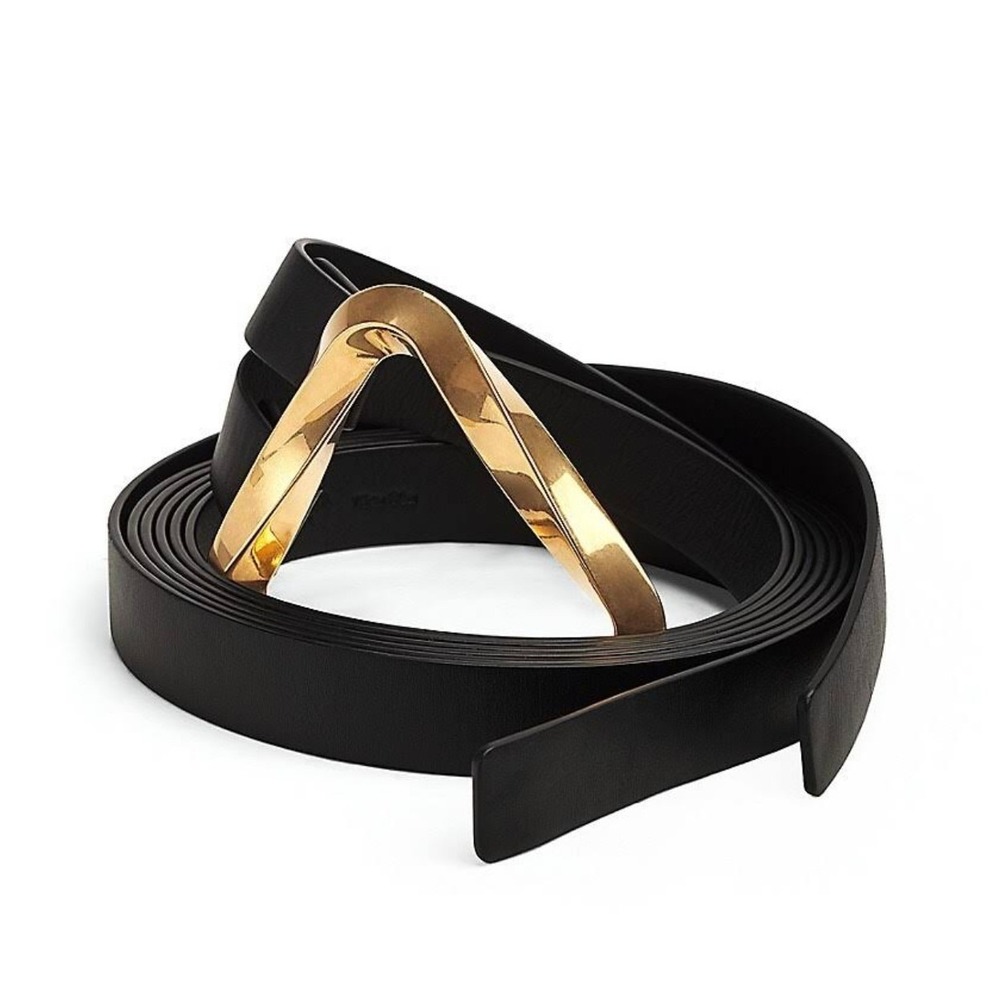 Bottega Veneta Black Leather Double Strap Waist Belt Gold Triangle Buckle - NWT - Picture 5 of 7